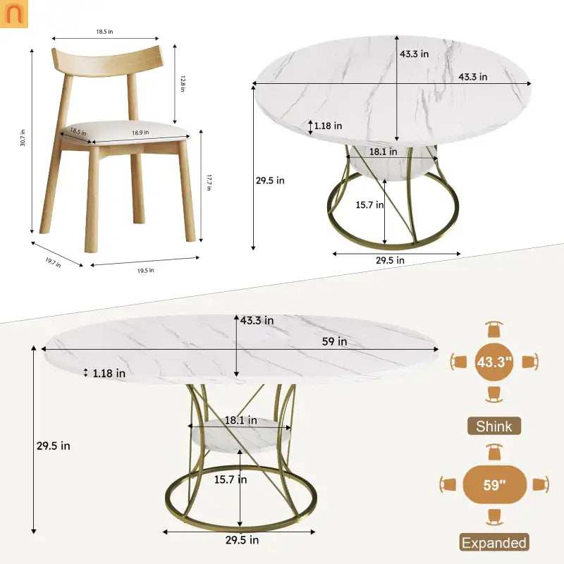 Dining Set Oval Marble Veneer White Gold Base 5pc Extendable Seats 6