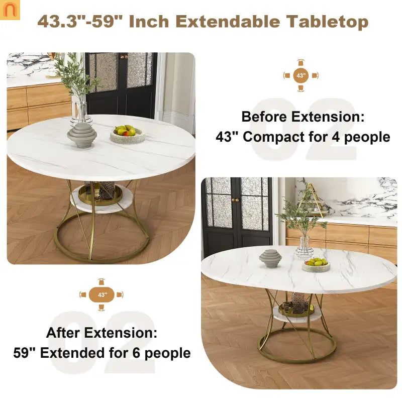 Dining Set Oval Marble Veneer White Gold Base 5pc Extendable Seats 6