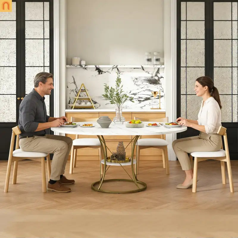 Dining Set Oval Marble Veneer White Gold Base 5pc Extendable Seats 6