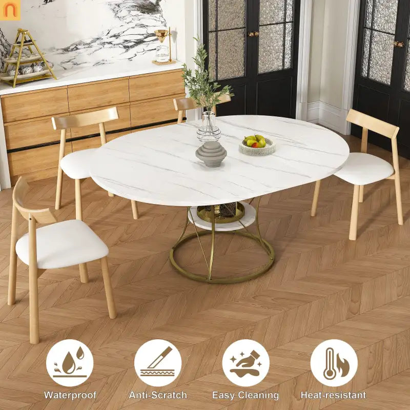 Dining Set Oval Marble Veneer White Gold Base 5pc Extendable Seats 6