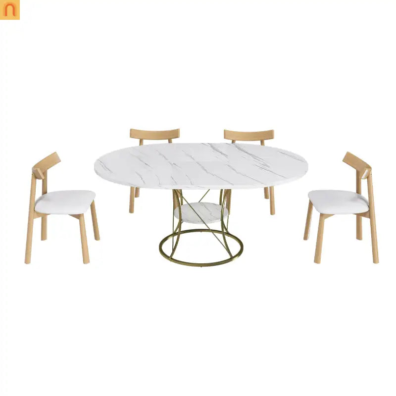 Dining Set Oval Marble Veneer White Gold Base 5pc Extendable Seats 6