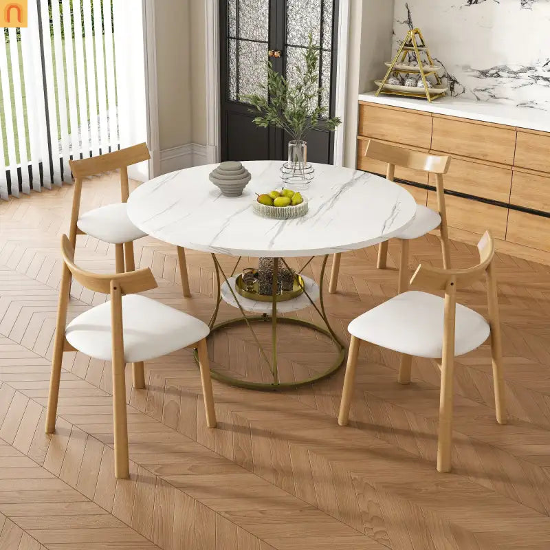 Dining Set Oval Marble Veneer White Gold Base 5pc Extendable Seats 6