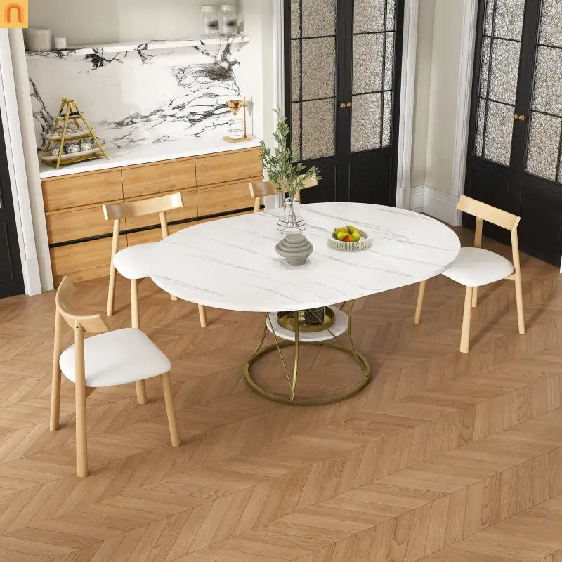 Dining Set Oval Marble Veneer White Gold Base 5pc Extendable Seats 6