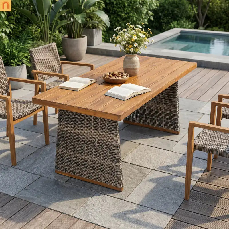 Outdoor Dining Table Acacia Wood Teak Wicker Legs Rectangle 70x31.5in
