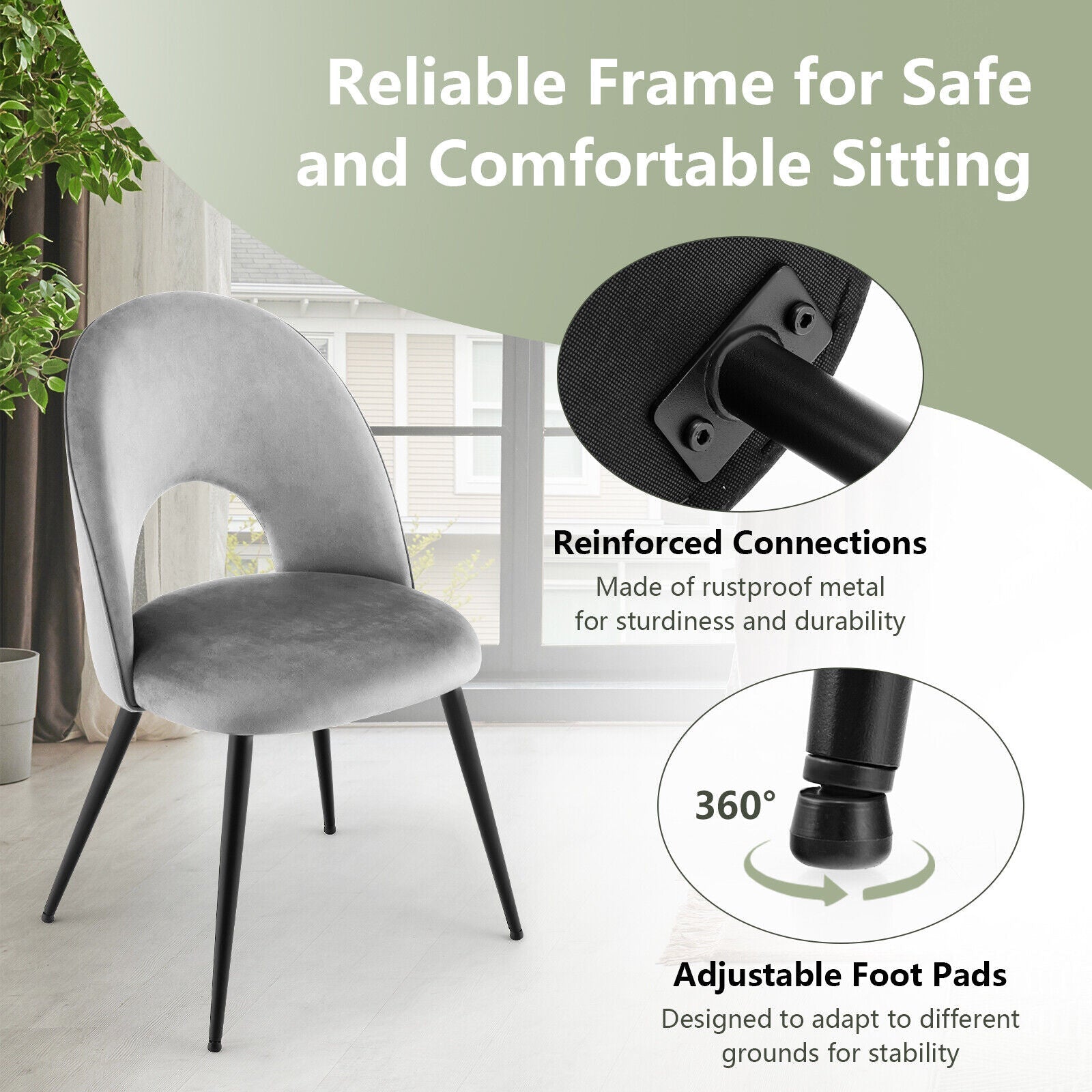 Dining Chair Set of 2 with Metal Base and Adjustable Pads