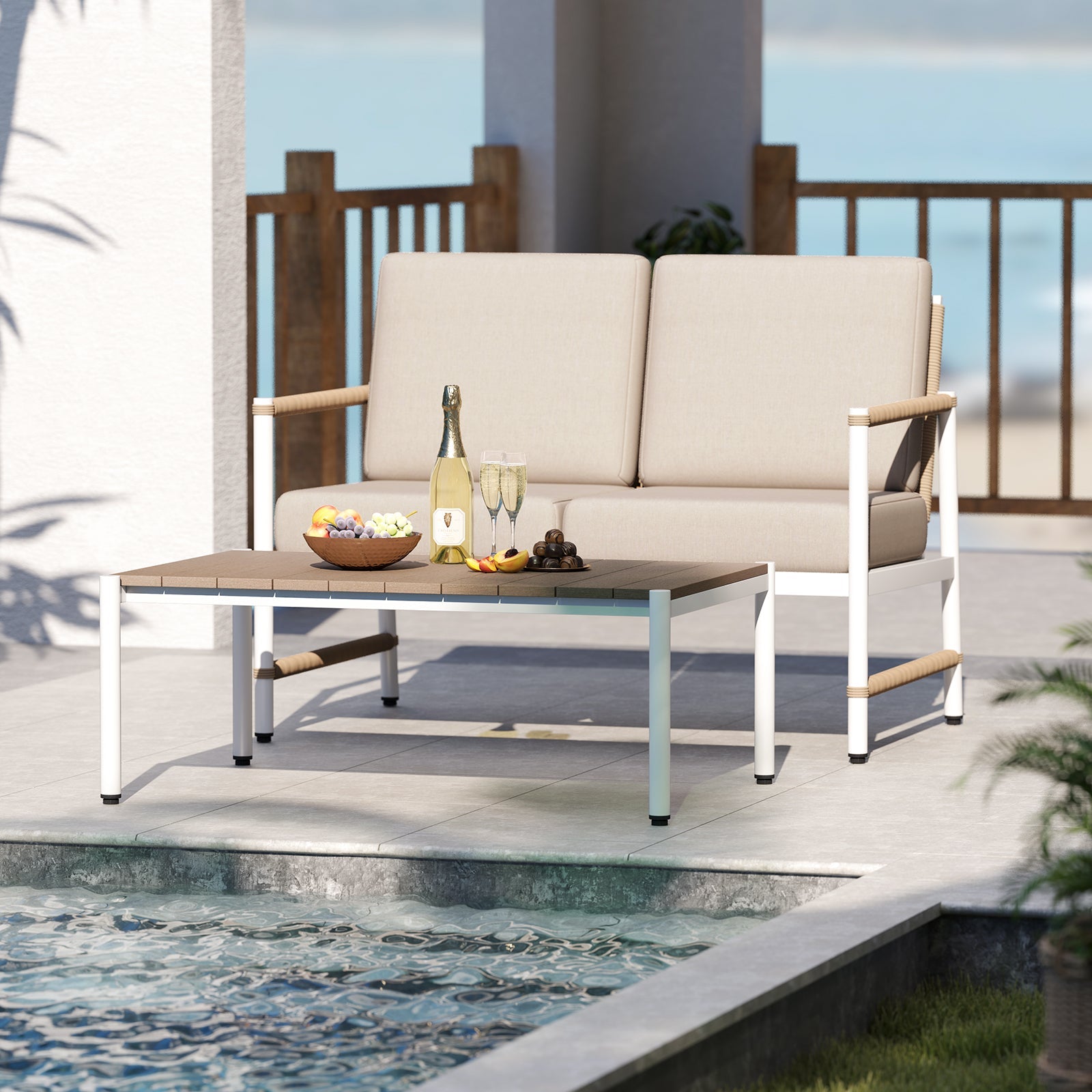 Patio Loveseat Sofa with Coffee Table Set with Thick Cushions
