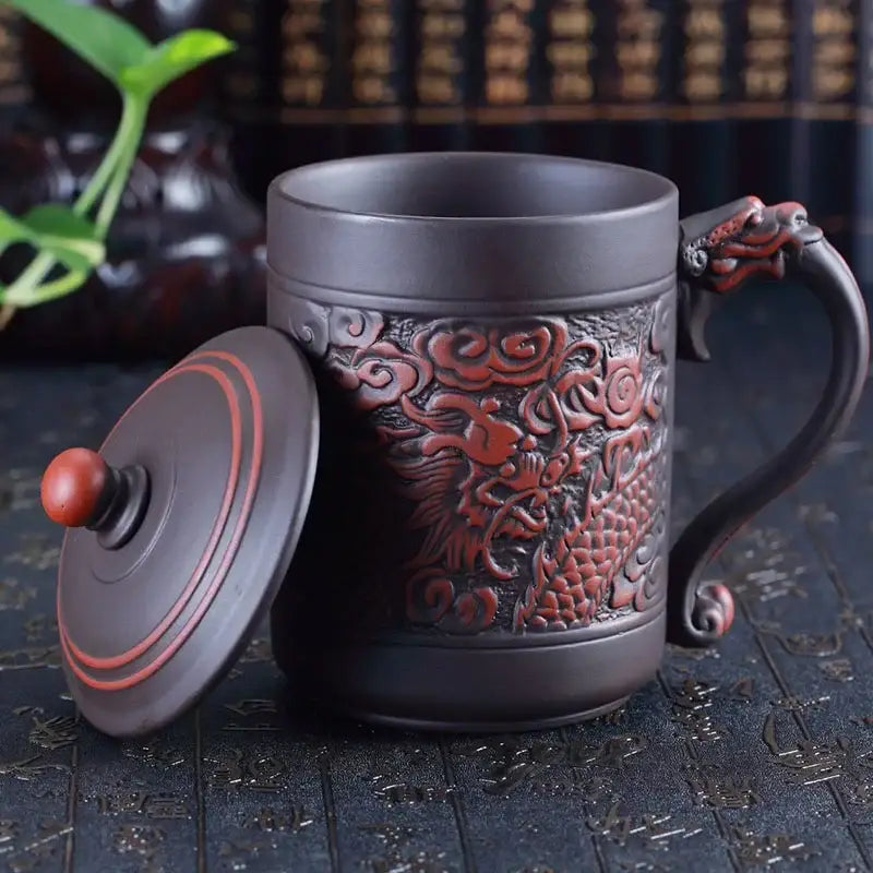 Dragon phoenix thermo coffee mug brown ceramic kitchen travel cup
