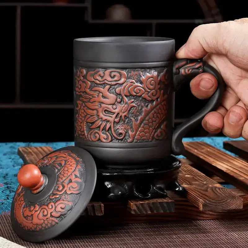 Dragon phoenix thermo coffee mug brown ceramic kitchen travel cup