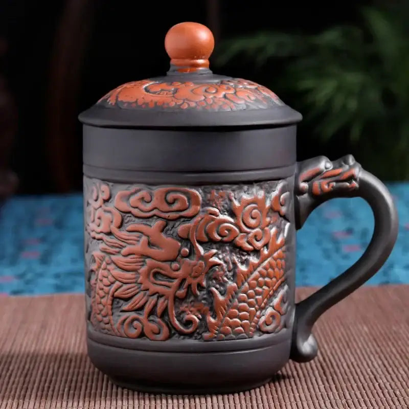 Dragon phoenix thermo coffee mug brown ceramic kitchen travel cup