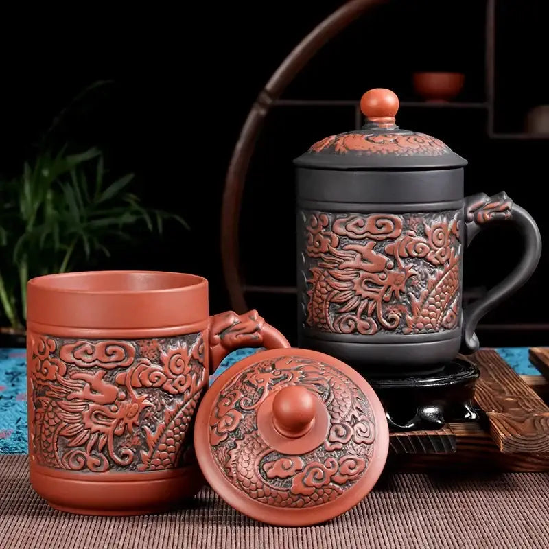 Dragon phoenix thermo coffee mug brown ceramic kitchen travel cup