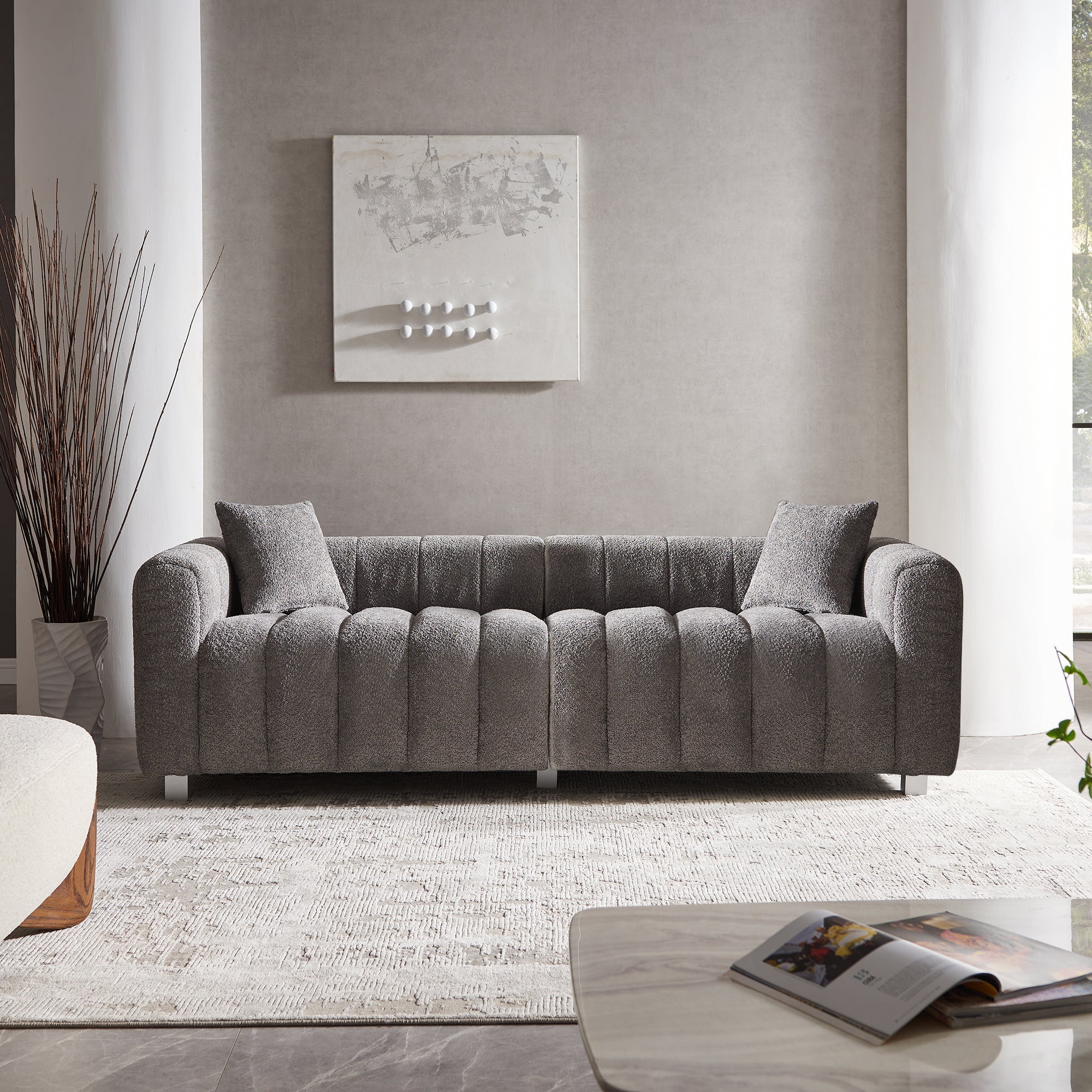 Sofa Modular Velvet Teddy Gray 3 Seat Metal Legs 87 In 750 LB