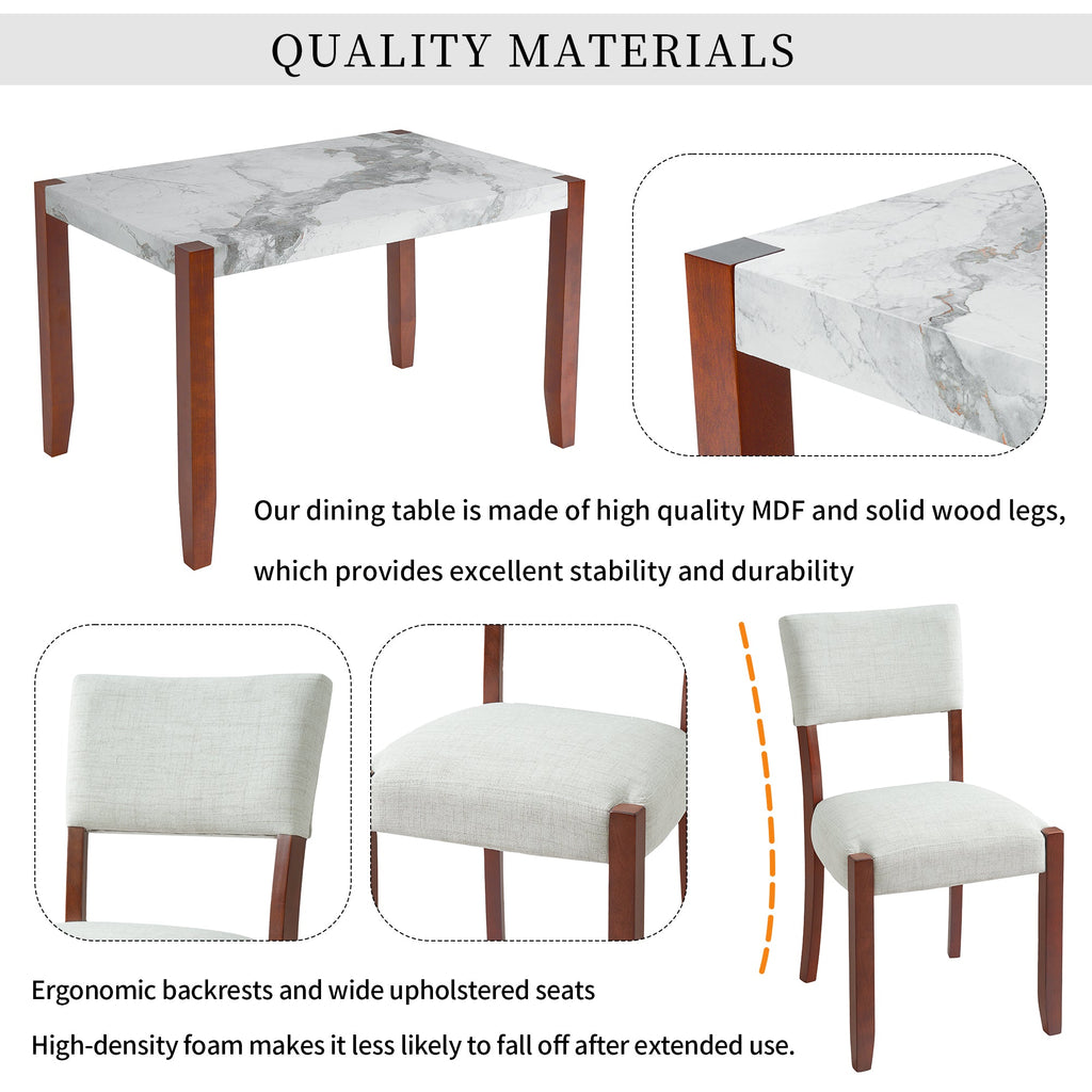 4-Piece Dining Set, 1 Marble-Look Table with 2 Upholstered Chairs and 1 Bench