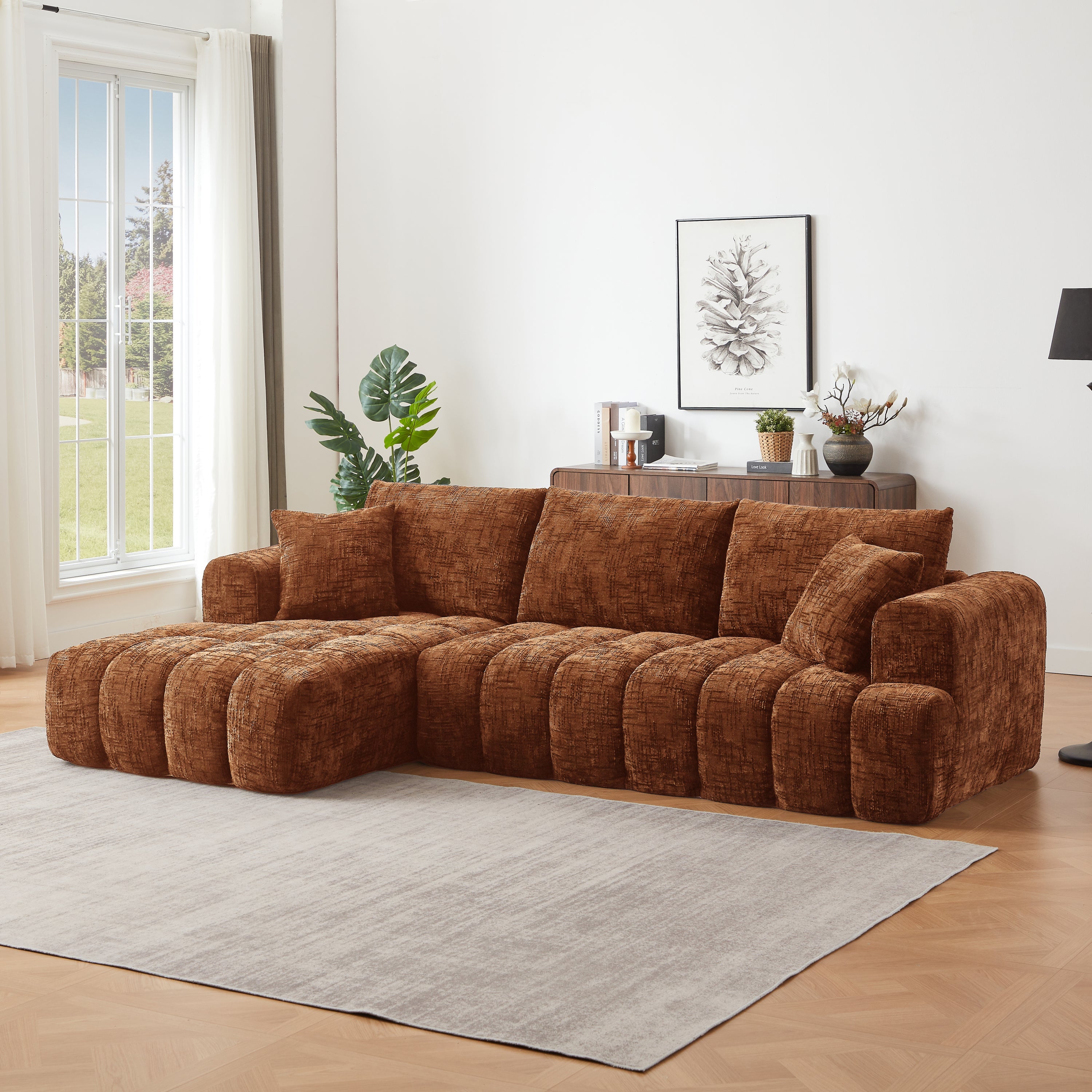 Sectional Sofa L-Shape Chenille Orange 4 Seat 108 In No Assembly