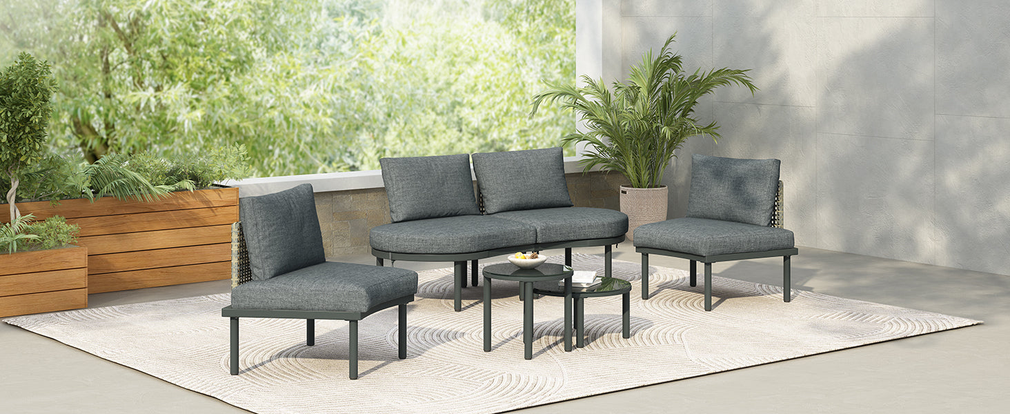 Outdoor Sectional Set PE Wicker Aluminum Gray Half Moon 6 Piece 300 LB