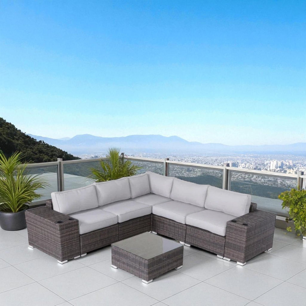 Outdoor Sectional Set HDPE Wicker Brown 8 Piece Sofa Glass Table Seats 4