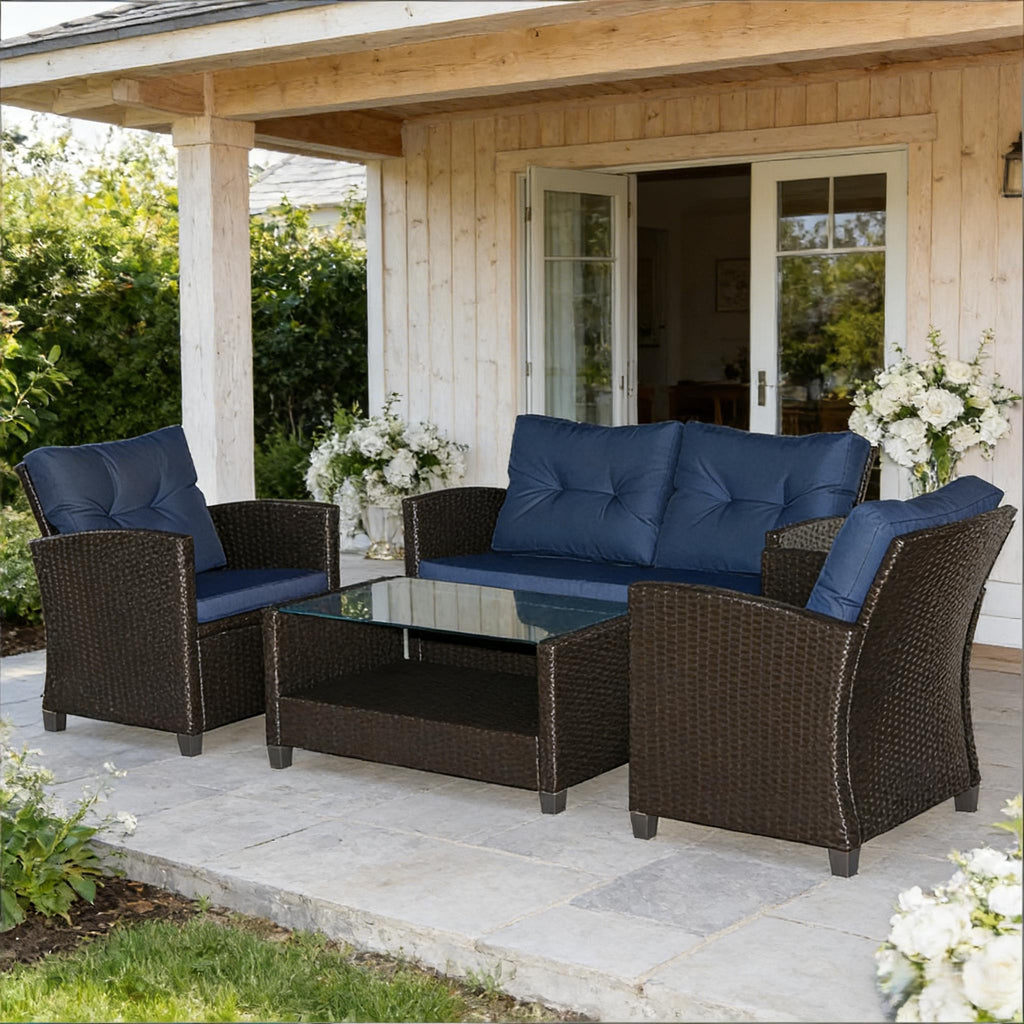 Outdoor Sectional Set PE Wicker Steel Coffee Blue Cushion 4 Piece Seats 4