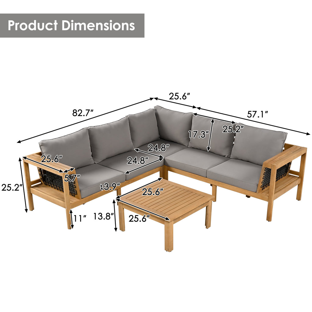 Outdoor Sofa Set Acacia Wood Rope Gray Cushion 4 Piece L-Shape Seats 6