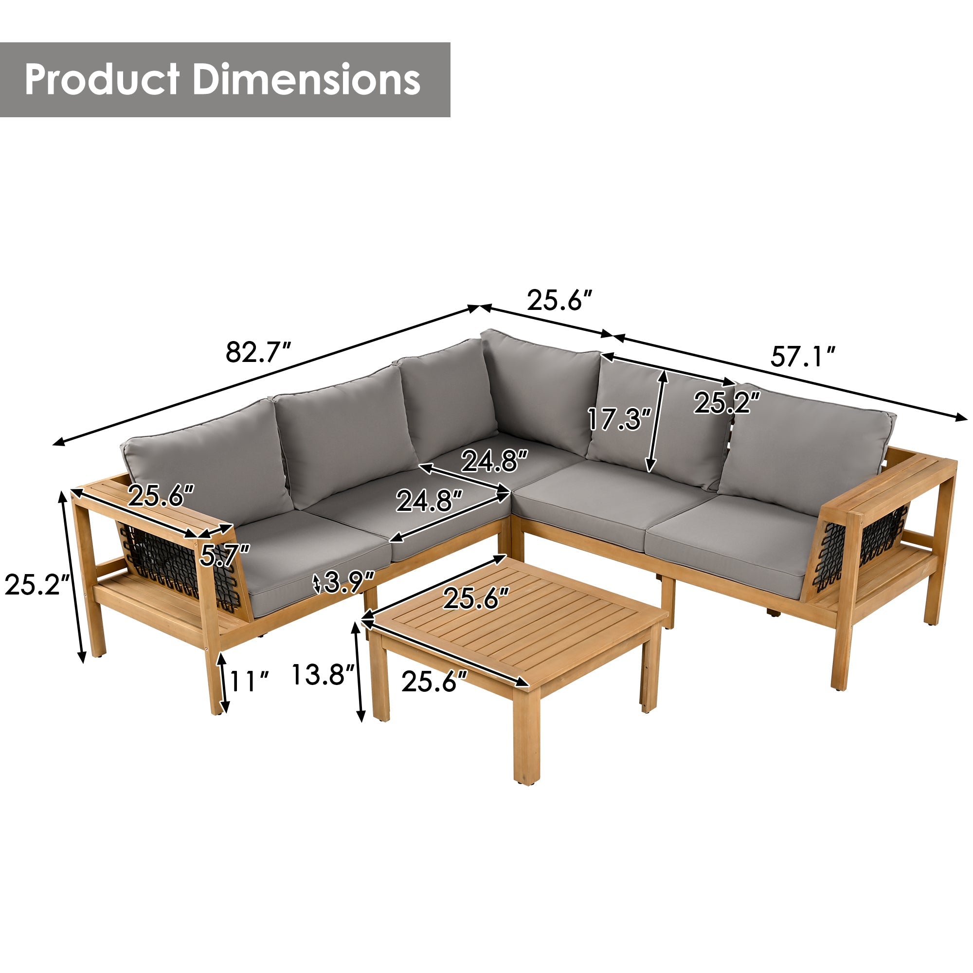 Outdoor Sofa Set Acacia Wood Rope Gray Cushion 4 Piece L-Shape Seats 6