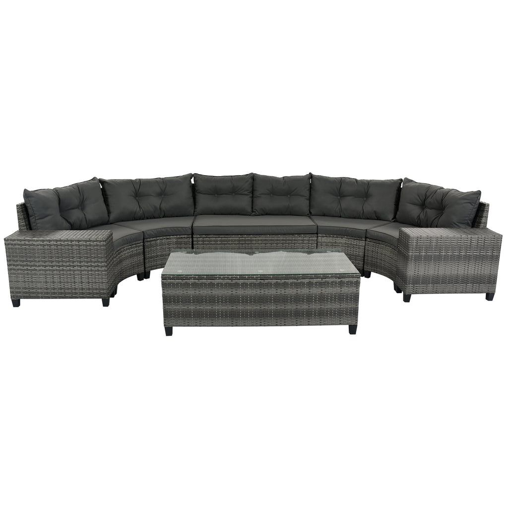 Outdoor Sectional Set PE Wicker Steel Gray Half Moon 8 Piece 250 LB