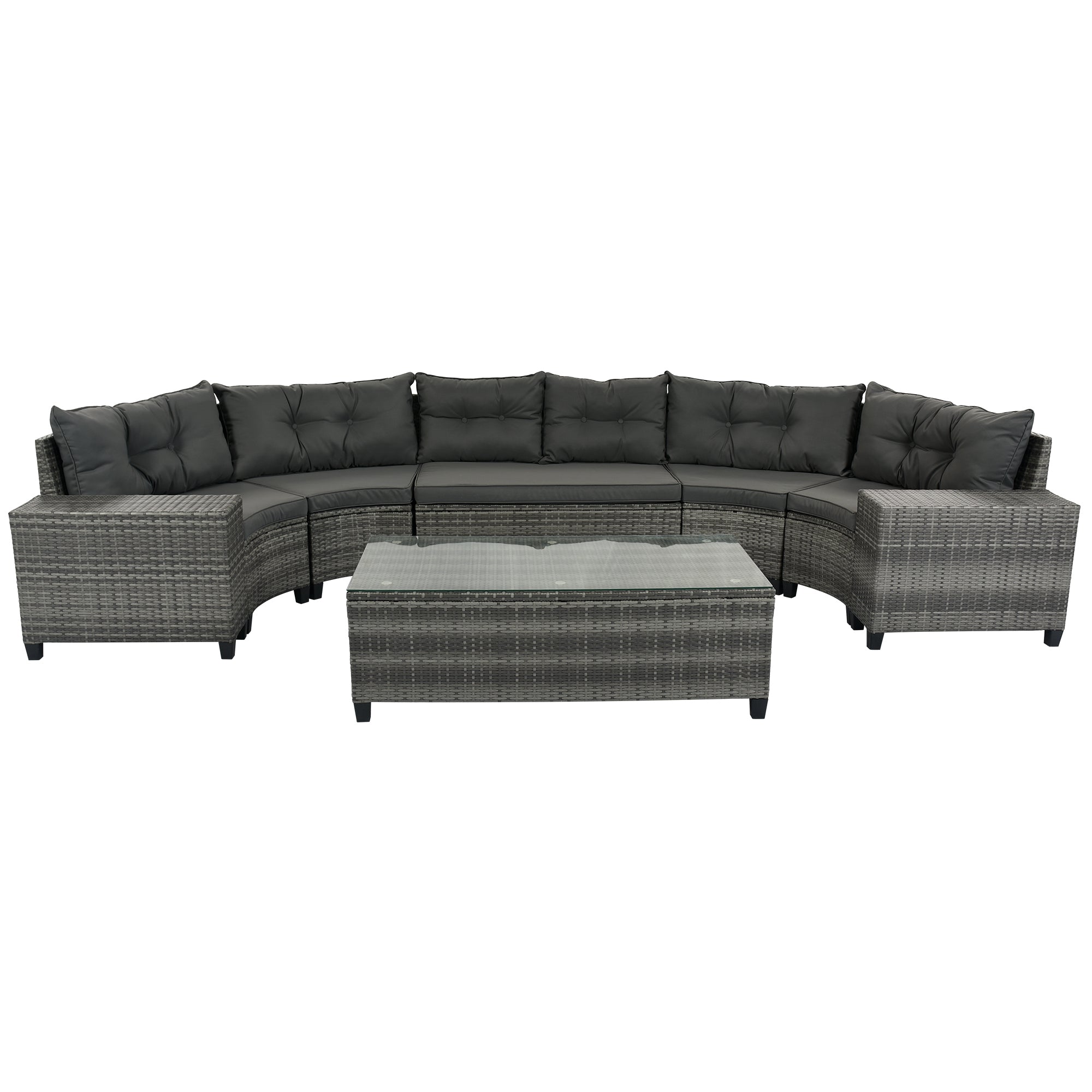 Outdoor Sectional Set PE Wicker Steel Gray Half Moon 8 Piece 250 LB
