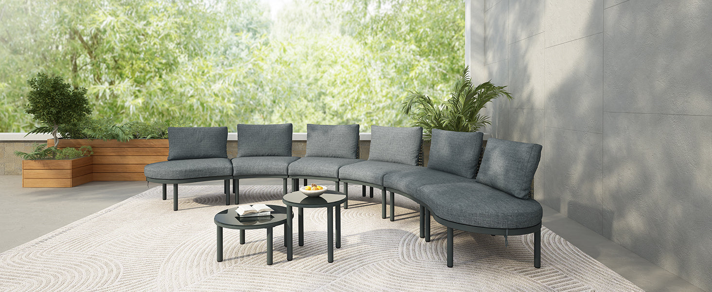 Outdoor Patio Set Half Moon Wicker Aluminum Gray 8 Piece 2 Tables