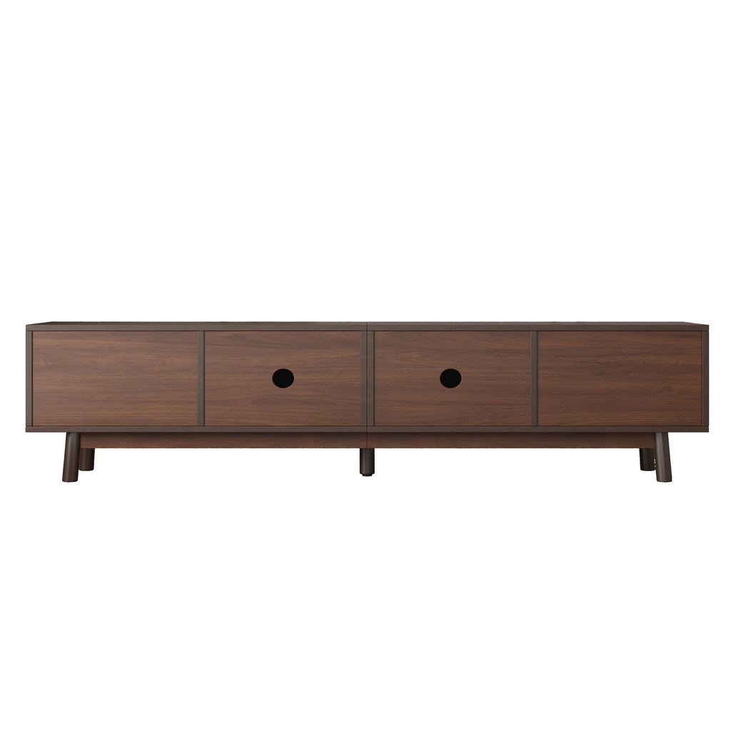 TV Stand Mid-Century Dark Brown Solid Wood Rattan Sliding Door Fits 80 In TV