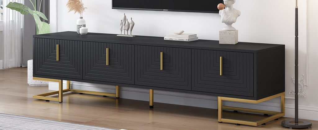 TV Stand Modern Black Gold Geometric Door MDF Adjustable Shelves Fits 80 In