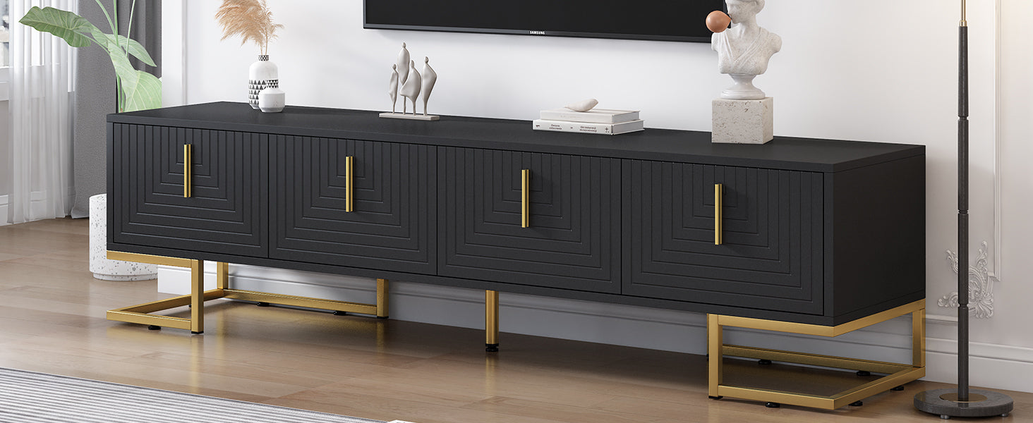 TV Stand Modern Black Gold Geometric Door MDF Adjustable Shelves Fits 80 In