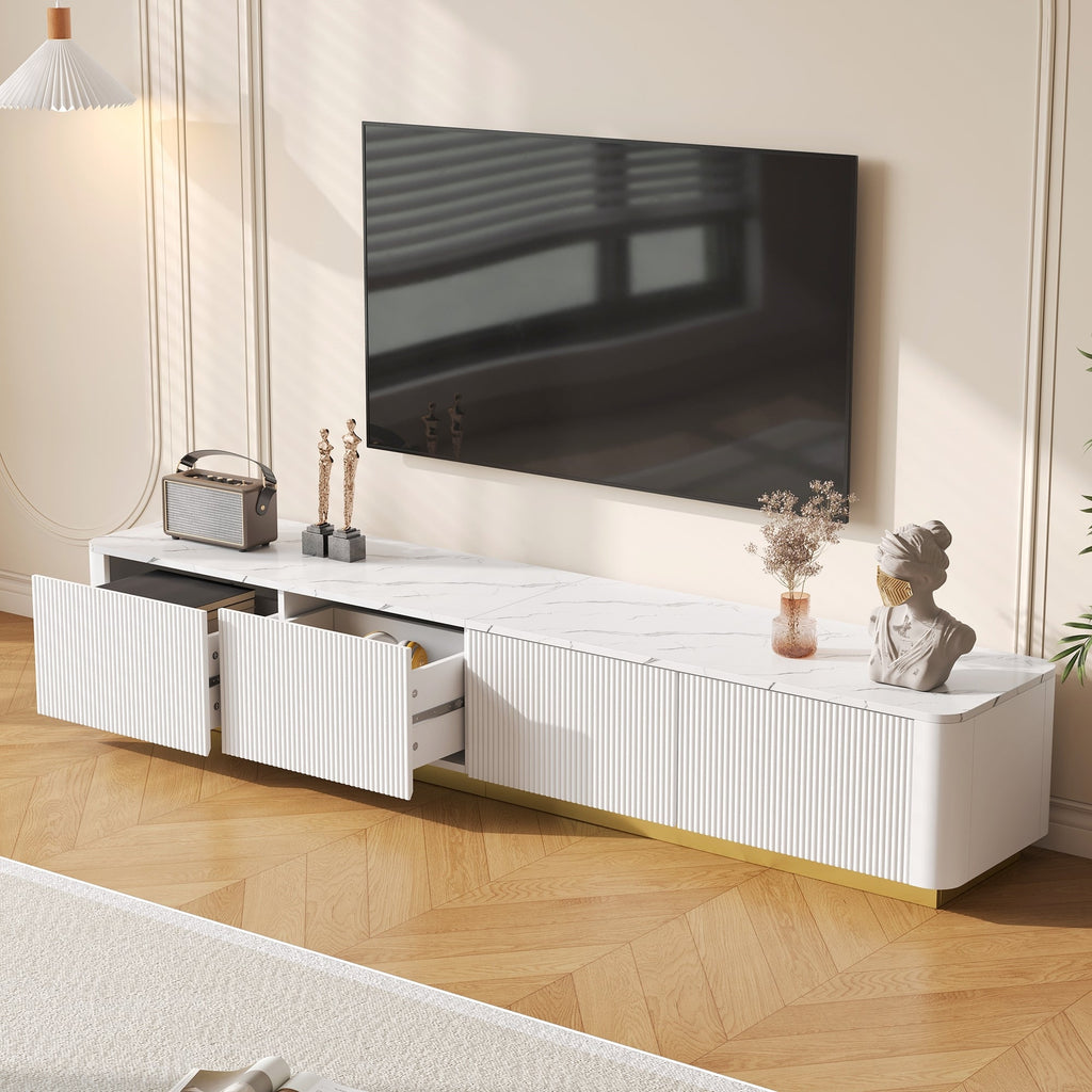 Luxury Fluted White TV Stand Faux Marble Top 4-Drawer 85