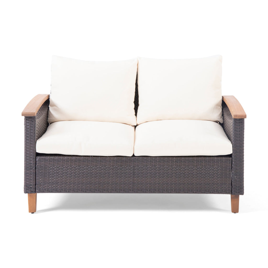 Outdoor Patio Set PE Rattan Acacia Wood Teak Cushions 4 Piece