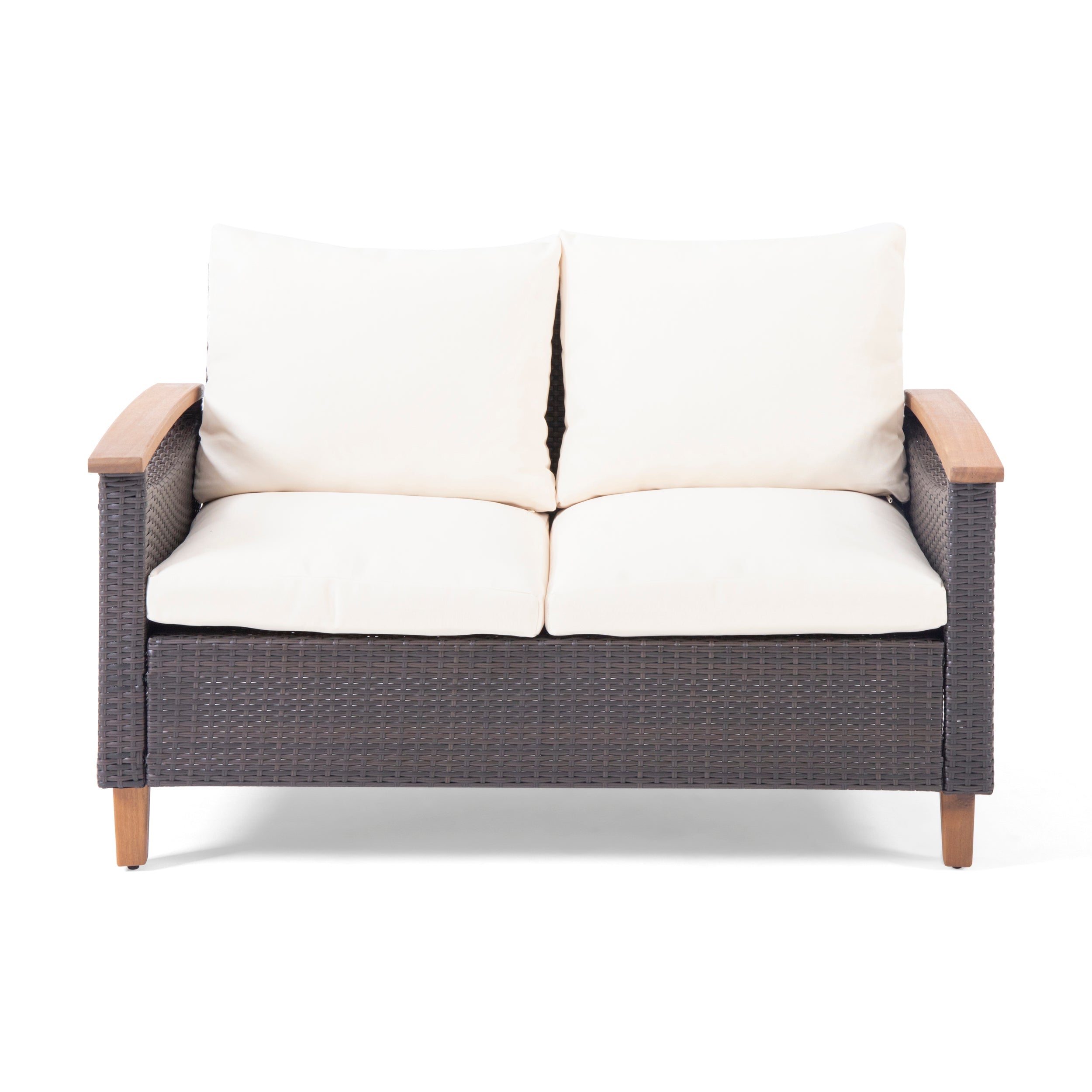Outdoor Patio Set PE Rattan Acacia Wood Teak Cushions 4 Piece
