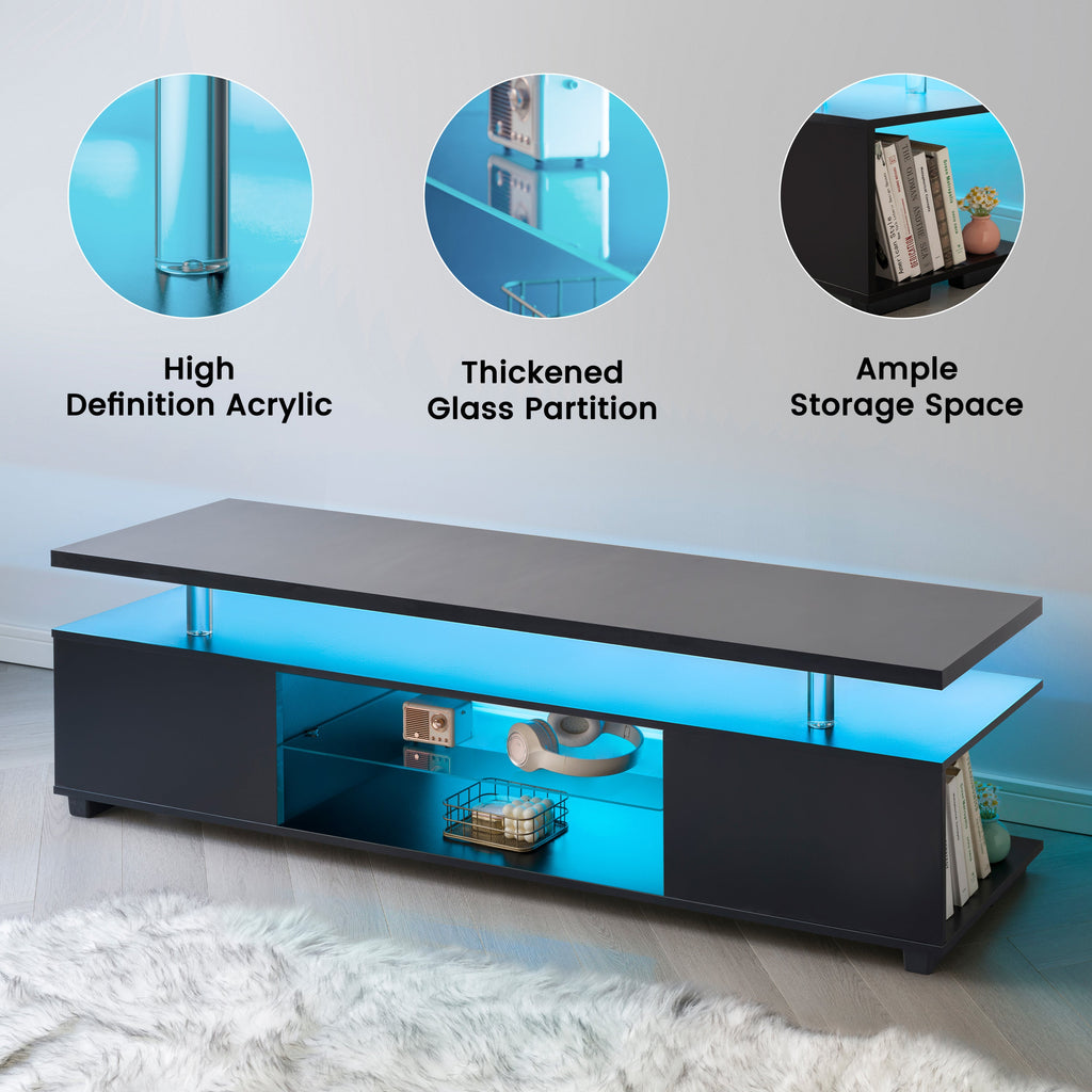 TV Stand Gaming LED Black Engineered Wood Fits 70 In TV 63x16x21 In