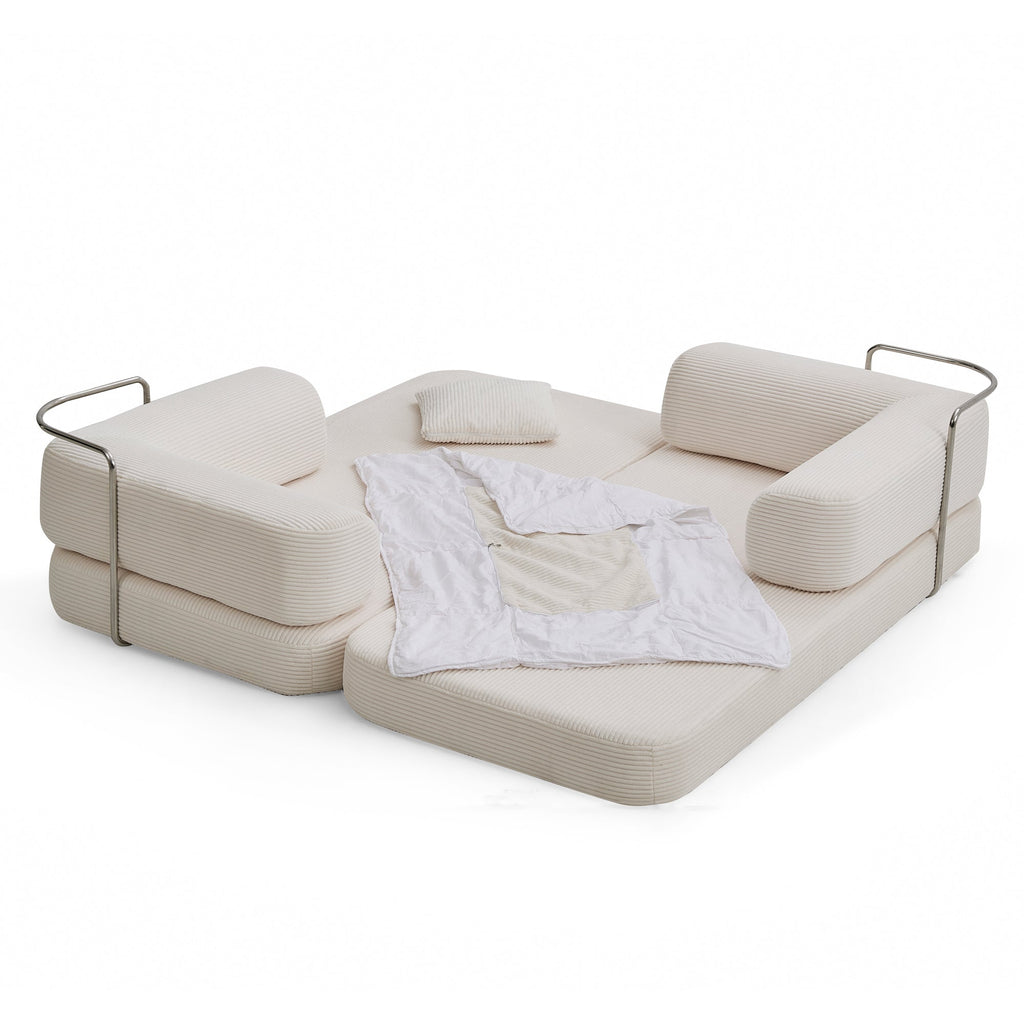 Sofa Floor Low Profile 5-in-1 Corduroy Cream Sleeper with Blanket 74.8 In