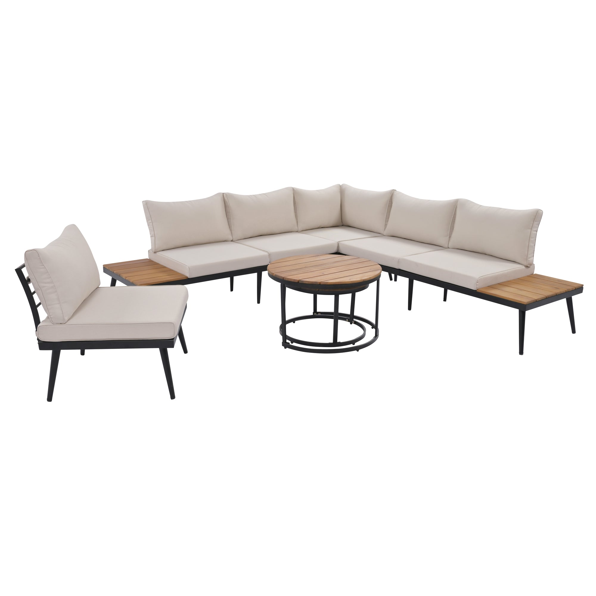 Outdoor Sectional Set Acacia Wood Steel Beige Cushion 6 Piece Seats 5