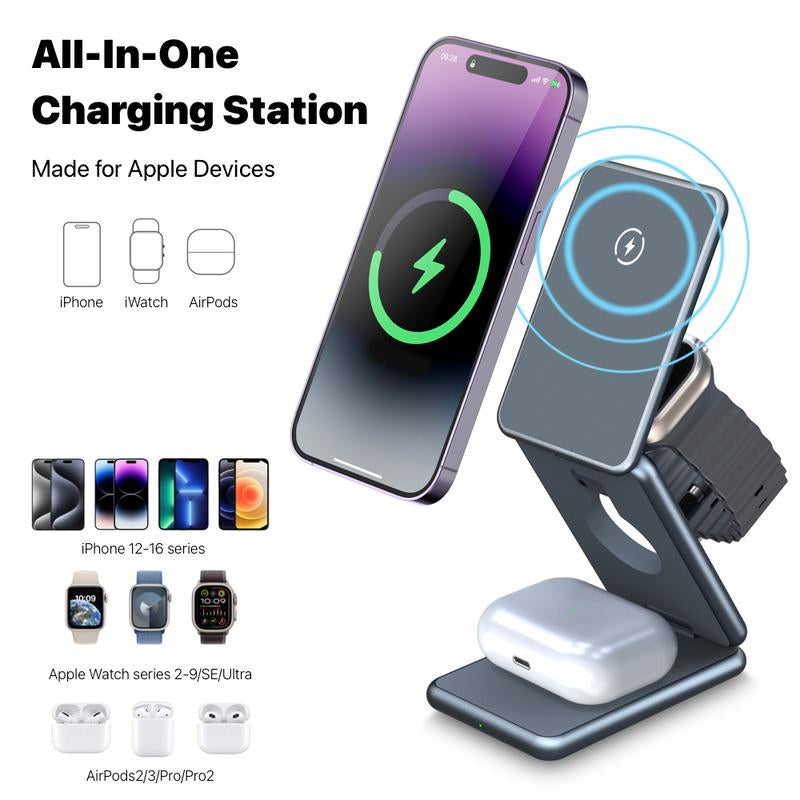 UNIQNOVA 3In1 Wireless Fast Charging Station for Iphone 17/16/15/14/13/12 Series, Airpods 3/2/Pro, Iwatch - Mag-Safe Metallic Foldable Charger Stand