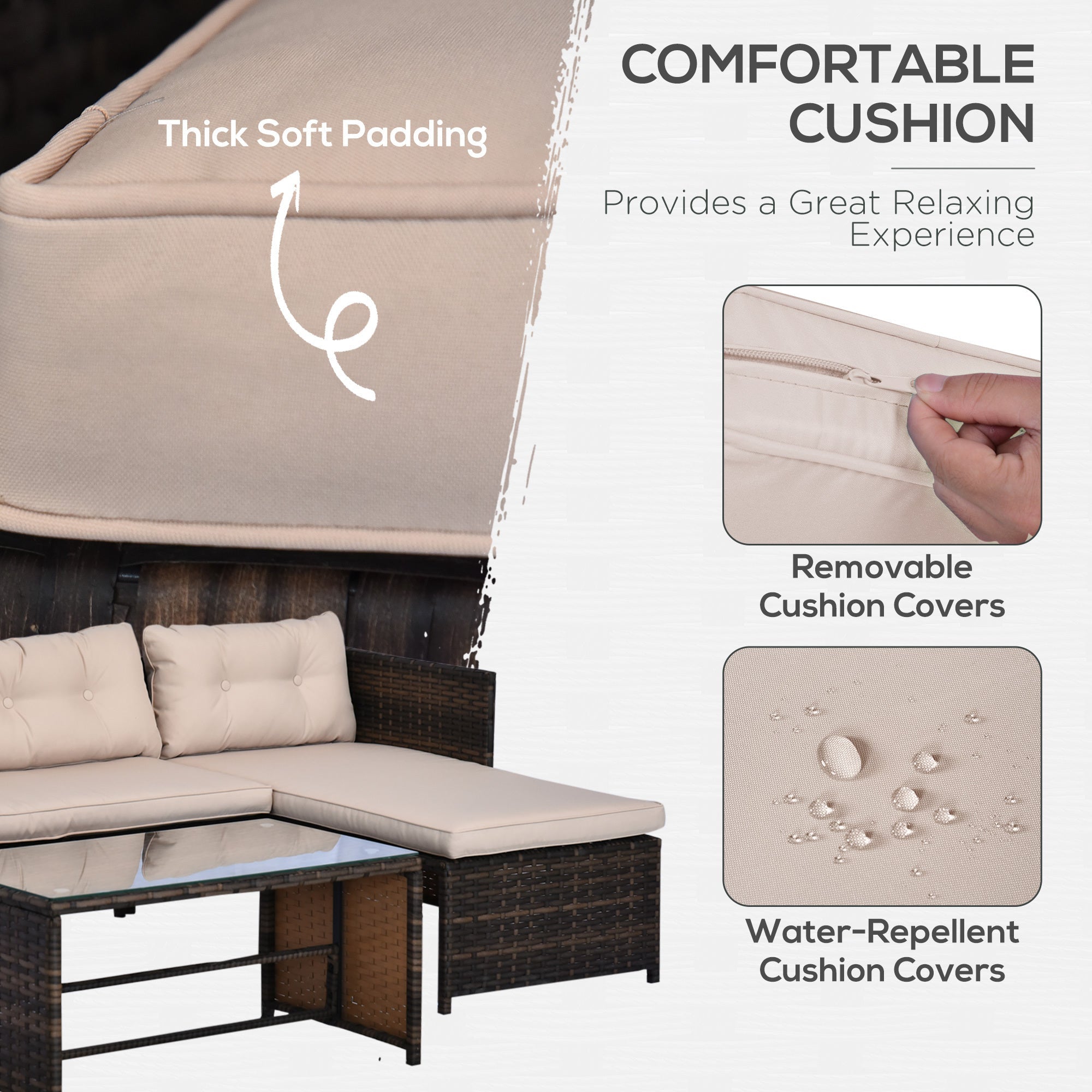 Patio Set PE Rattan Steel Beige 3 Piece L-Shape Loveseat 560 LB