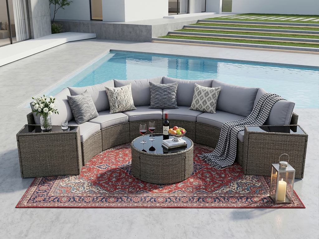 Outdoor Sectional Set PE Rattan Steel Light Gray Half Moon 9 Piece 380 LB
