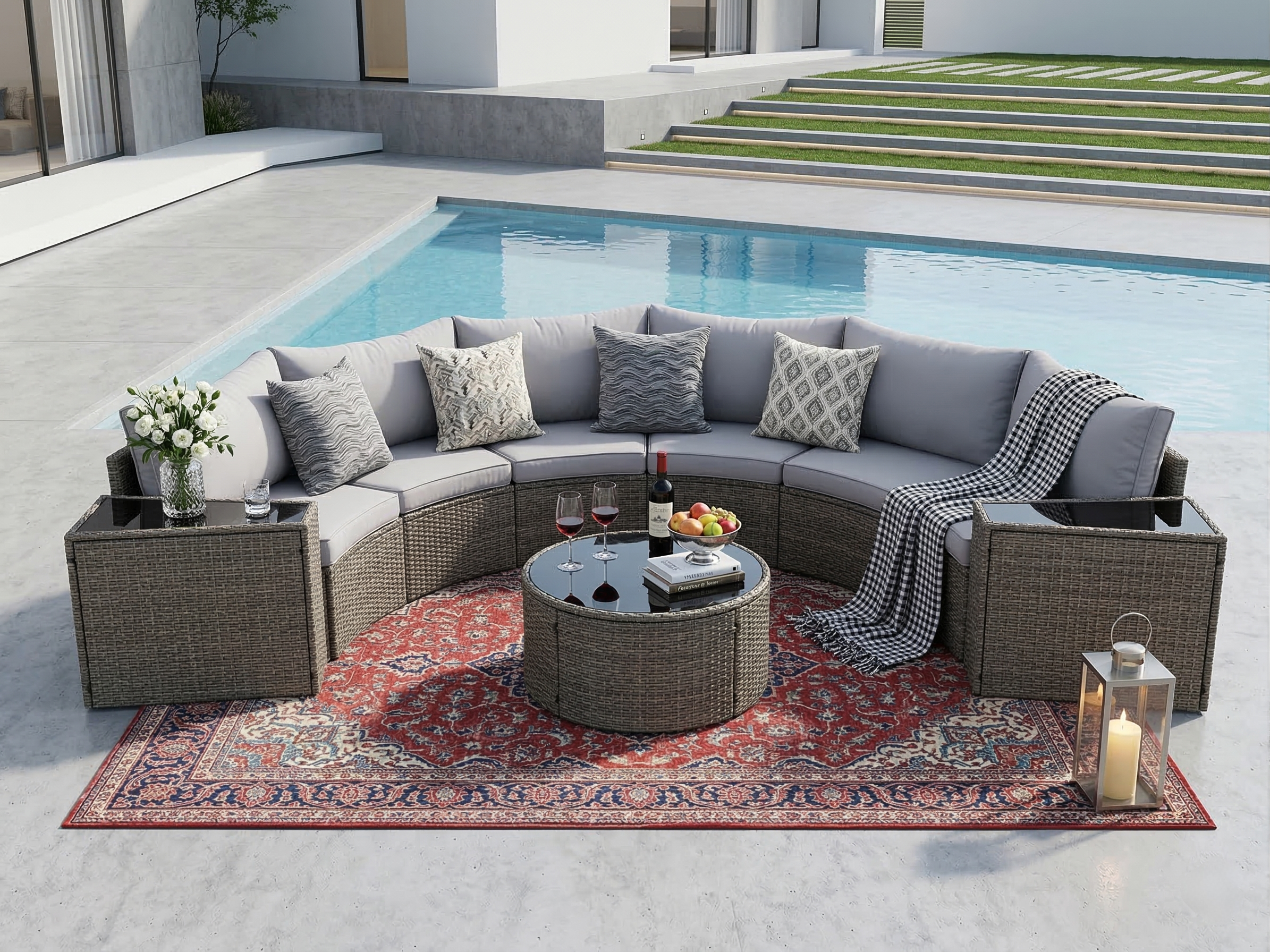 Outdoor Sectional Set PE Rattan Steel Light Gray Half Moon 9 Piece 380 LB