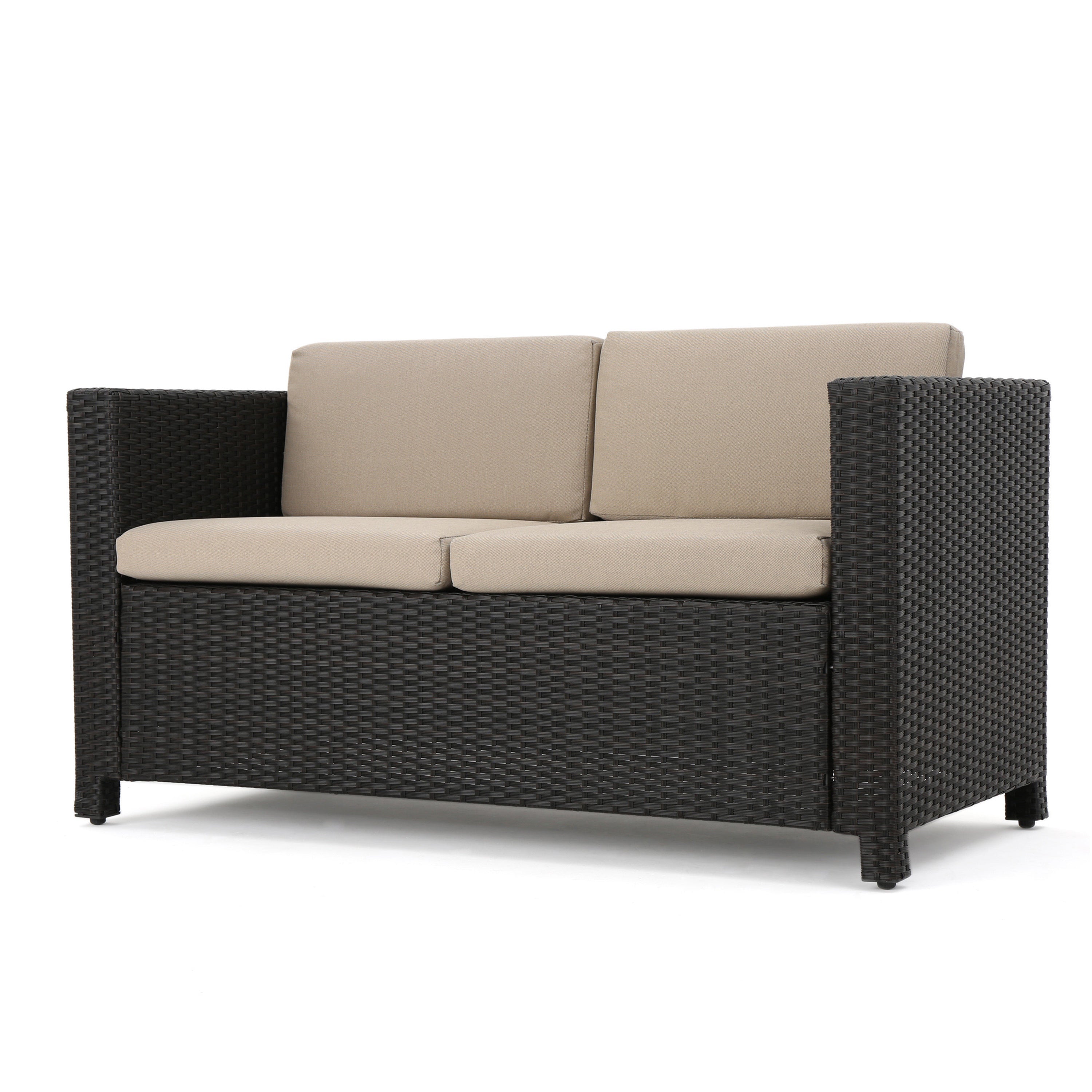 Outdoor Patio Set PE Rattan Dark Brown 4 Piece Loveseat Chairs Coffee Table