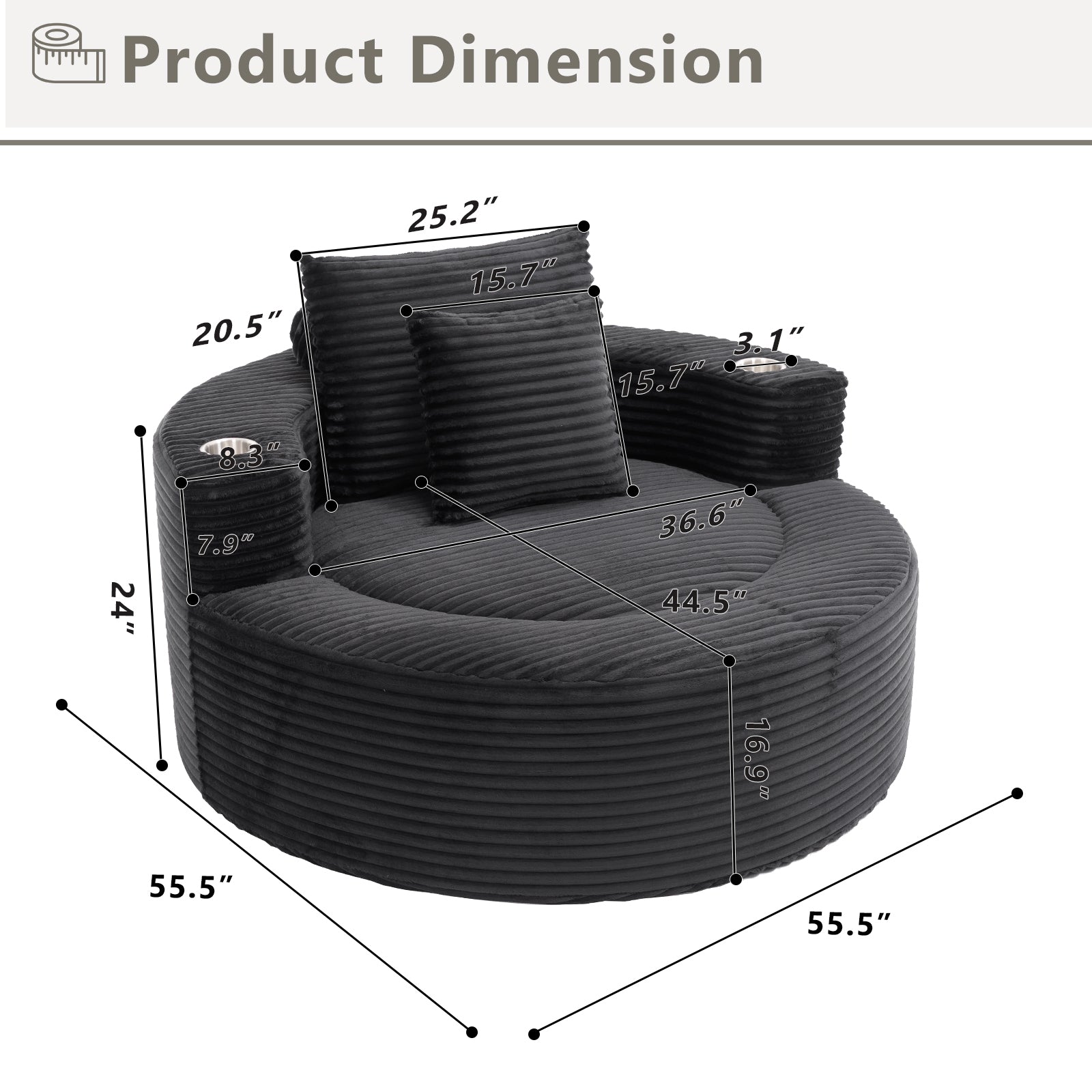 55" Round Memory Foam Velvet Sofa Bed with Cup Holder