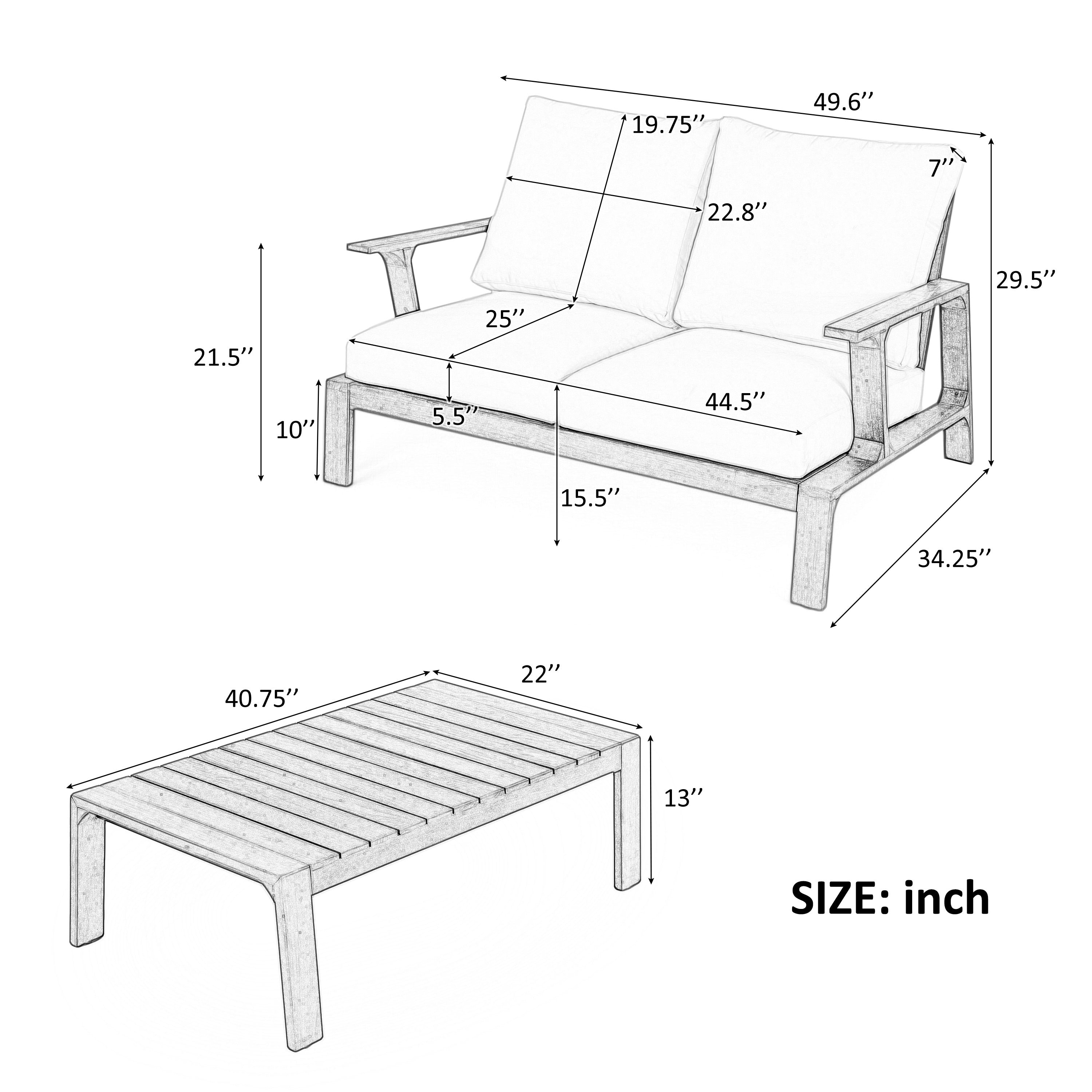 Outdoor Sofa Set Acacia Wood Dark Brown Beige Cushion 2 Piece Table