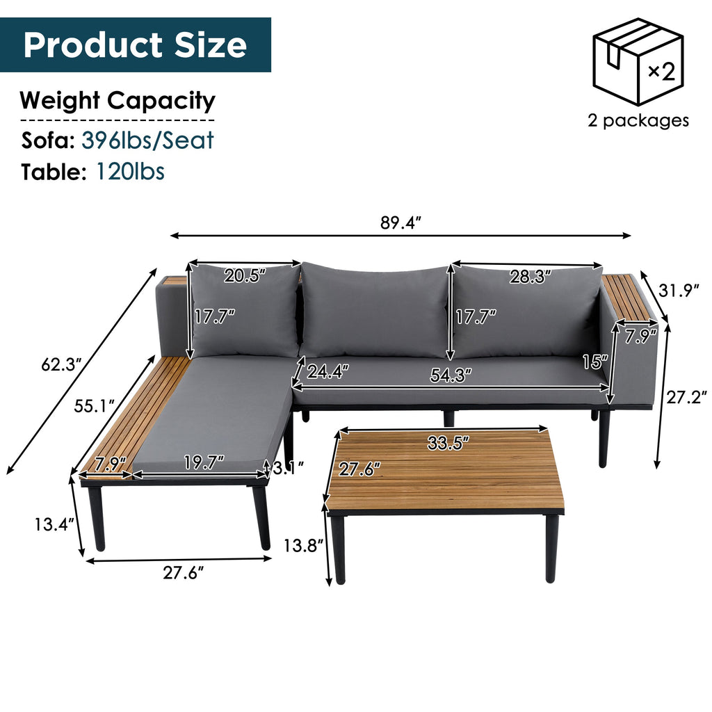 Outdoor Patio Set Acacia Wood Iron Gray L-Shape Seats 6 396 LB