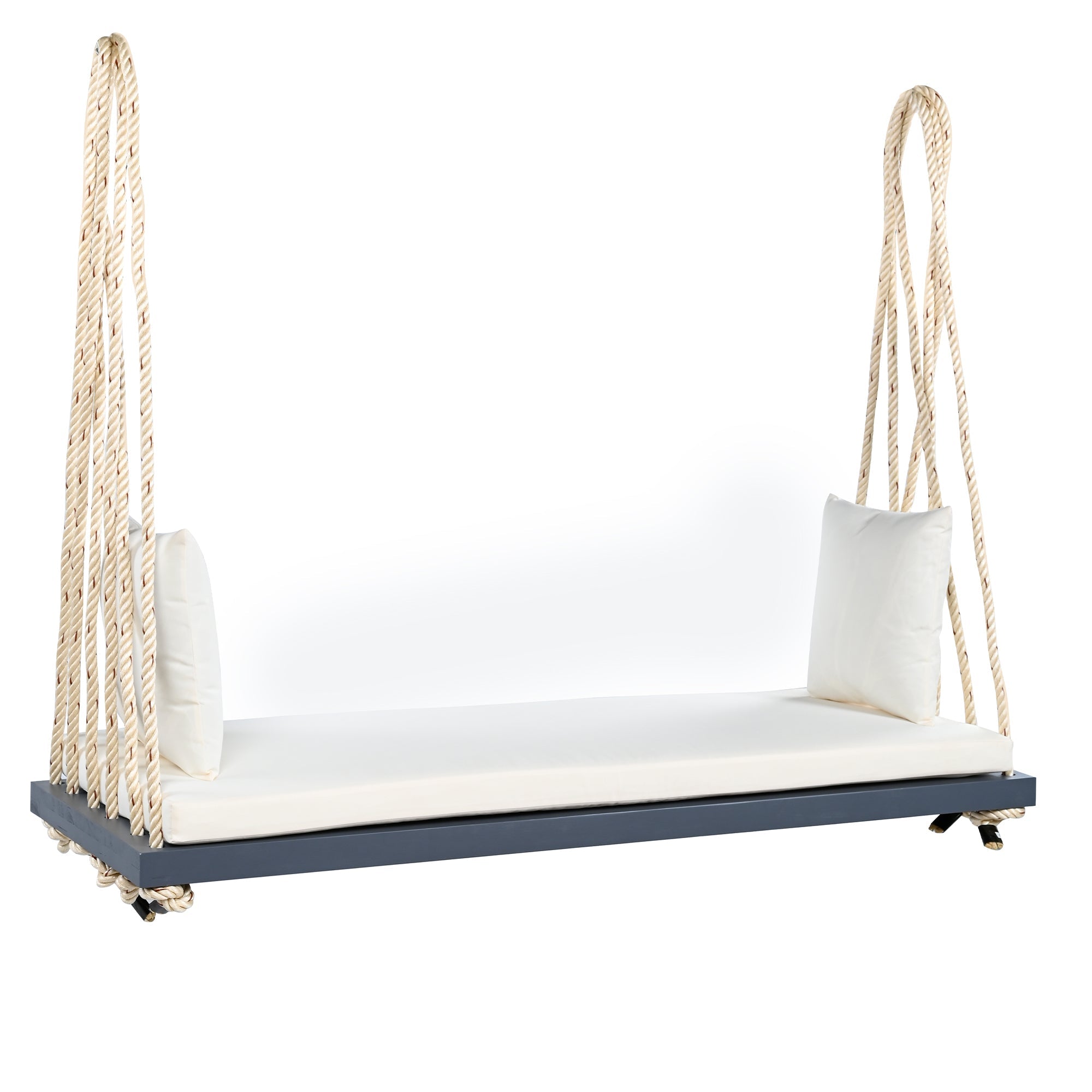 Outdoor Hanging Swing Chair Acacia Wood Gray Cushion Pillows 63x23.6 In 400 LB