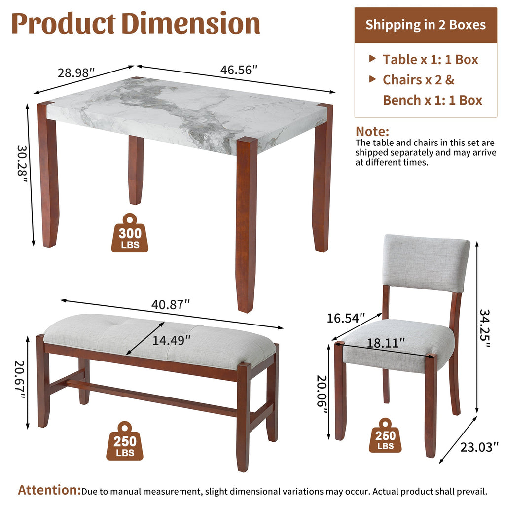 4-Piece Dining Set, 1 Marble-Look Table with 2 Upholstered Chairs and 1 Bench