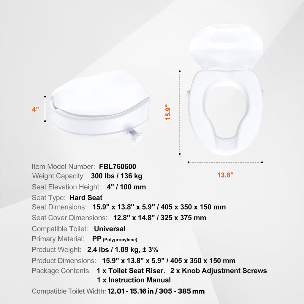 Raised Toilet Seat 4 In Height Polypropylene Universal Screw Lock 300 LB