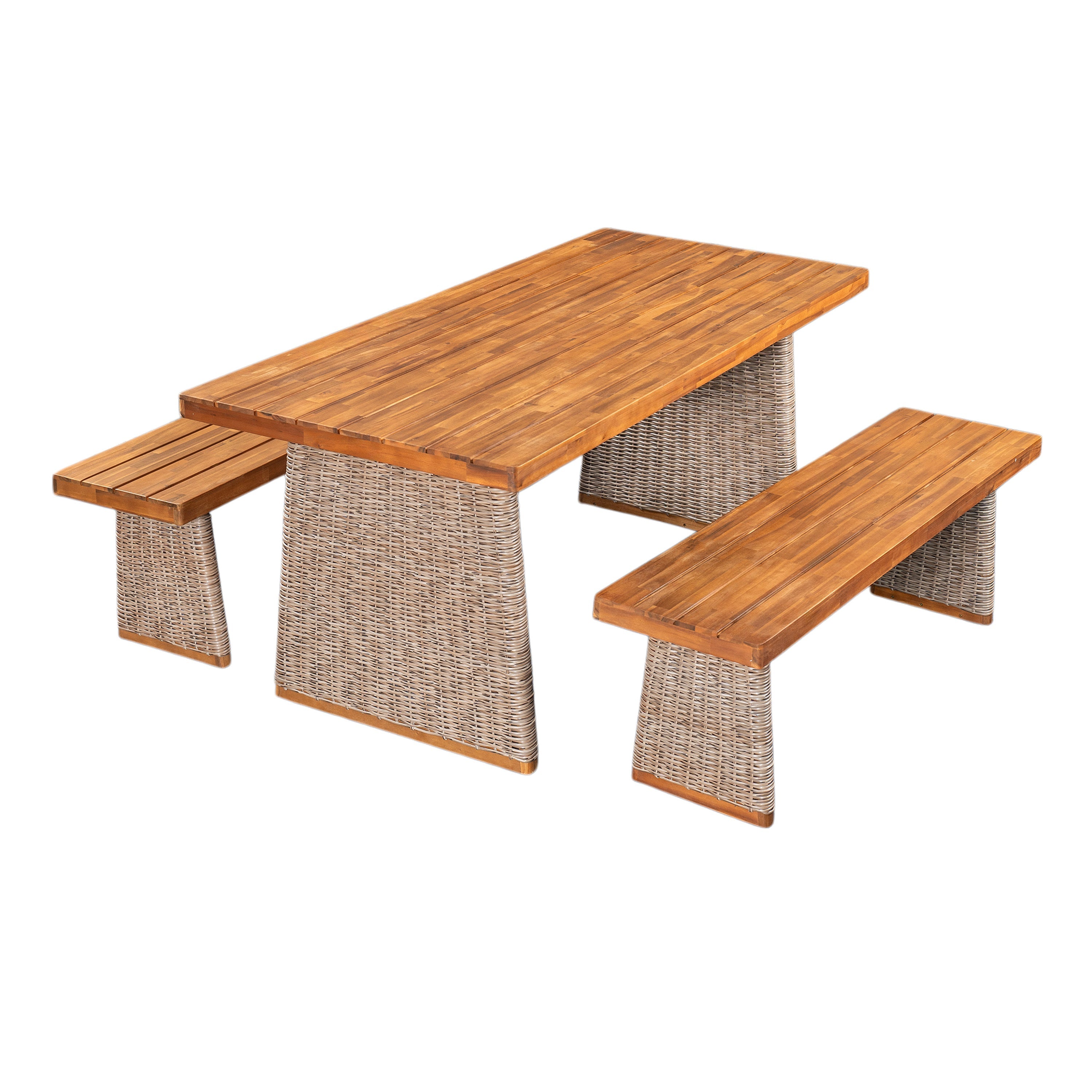 Outdoor Dining Set Acacia Wood Brown 3 Piece Table 2 Benches Rattan Legs