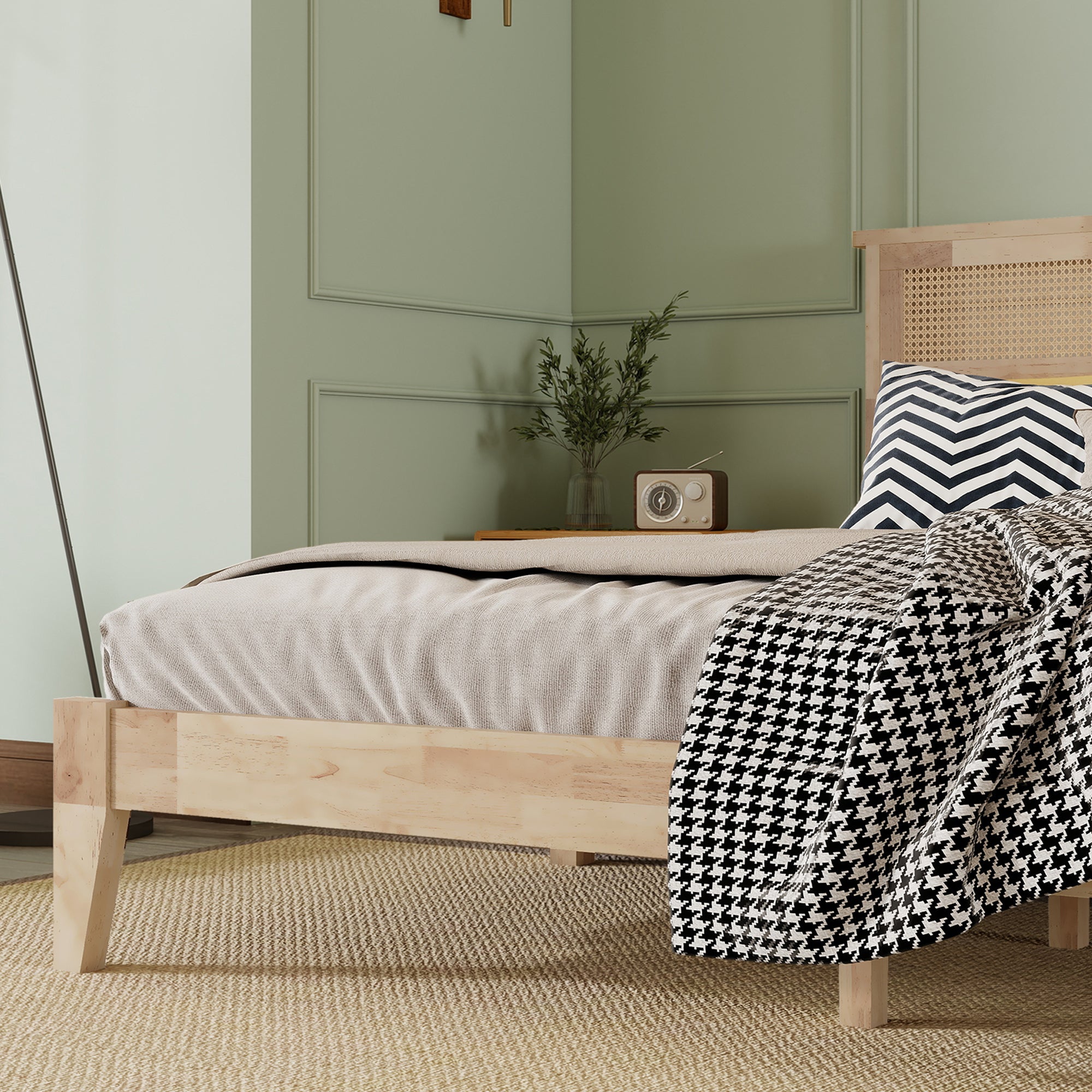 King Size Solid Wood Bed with Rattan Headboard, Rubber Wood Bed with Central