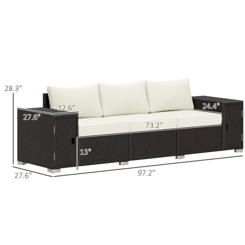 Outdoor Sofa Set Wicker Cream Brown 3 Seat Storage Armrests 794 lb Cap