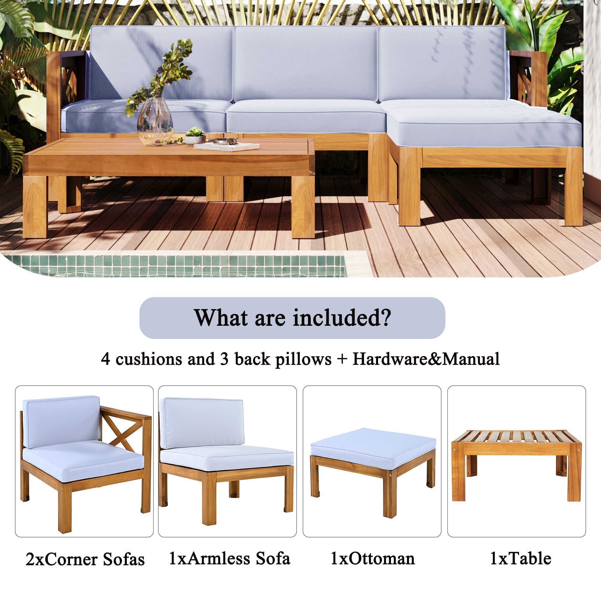 Outdoor Patio Sectional Set Acacia Wood Gray Cushions 5 Piece X-Back