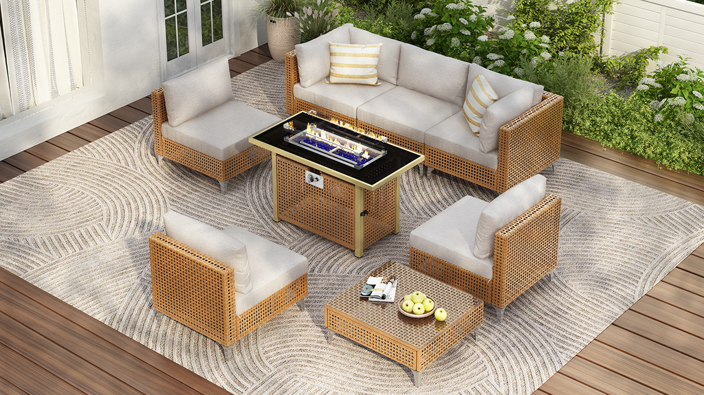 Outdoor Patio Set with Fire Pit Table Rattan Metal Beige 8 Piece